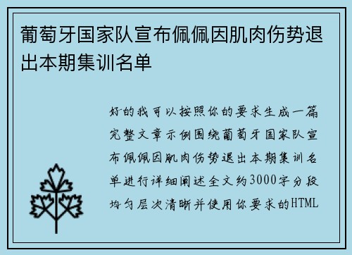 葡萄牙国家队宣布佩佩因肌肉伤势退出本期集训名单