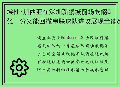 埃杜·加西亚在深圳新鹏城前场既能得分又能回撤串联球队进攻展现全能表现
